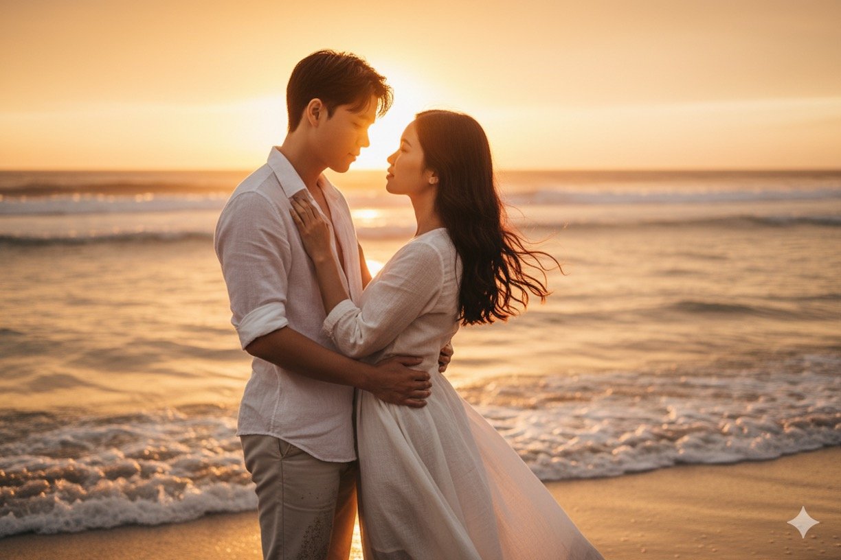 Instantly transform your couple photos into romantic cinematic portraits using Gemini AI. 10 ready-to-use prompts for realistic edits without face distortion. 2