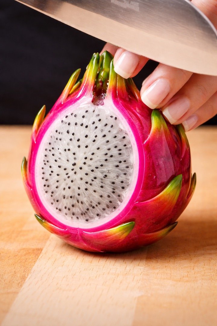 Glass ASMR Cutting Dragon Fruit Image Prompt