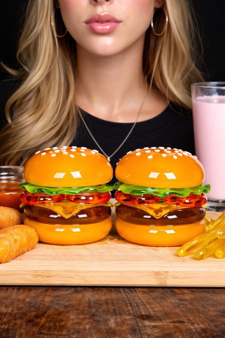 Ultra-Realistic Glass Burger ASMR Prompts (8K Hyper-Glossy Food Art)